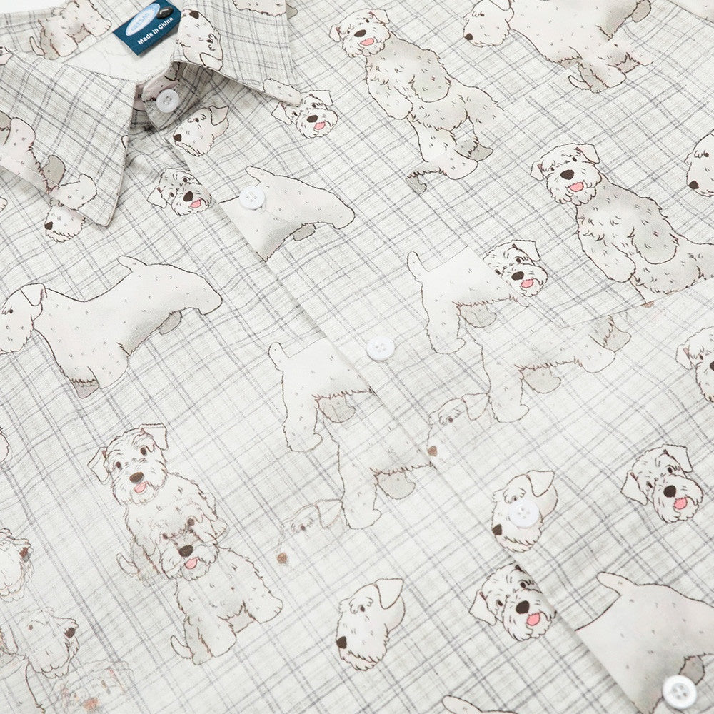 Digital Full Print Cartoon Dog Plaid Short Sleeve Shirt Loose Casual Turn-Down Collar Summer Shirt for Men