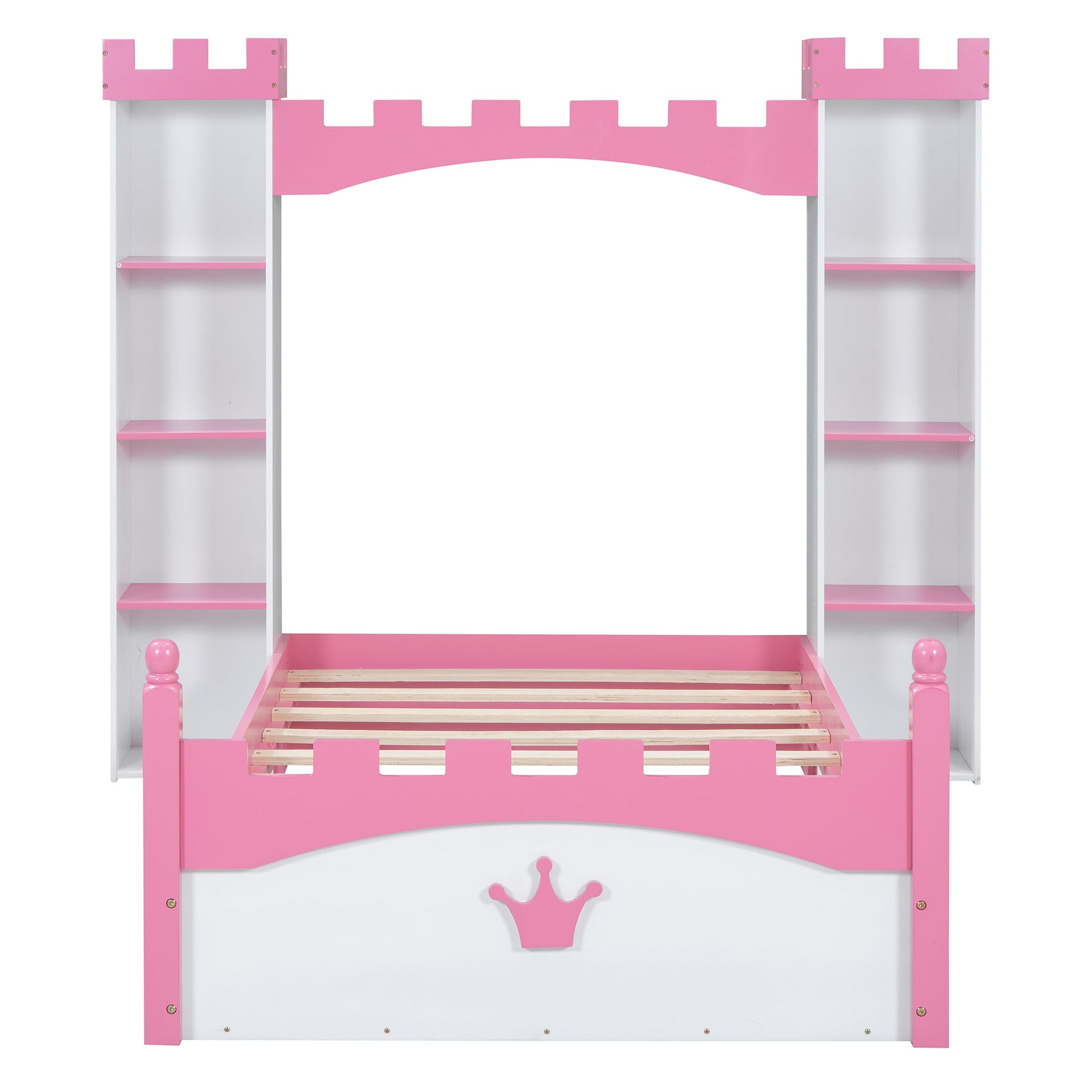 Castle-Shaped Wooden Bed with Storage Shelf, Dreamy Twin Size Platform Bed for Kids Bedroom, White + Pink