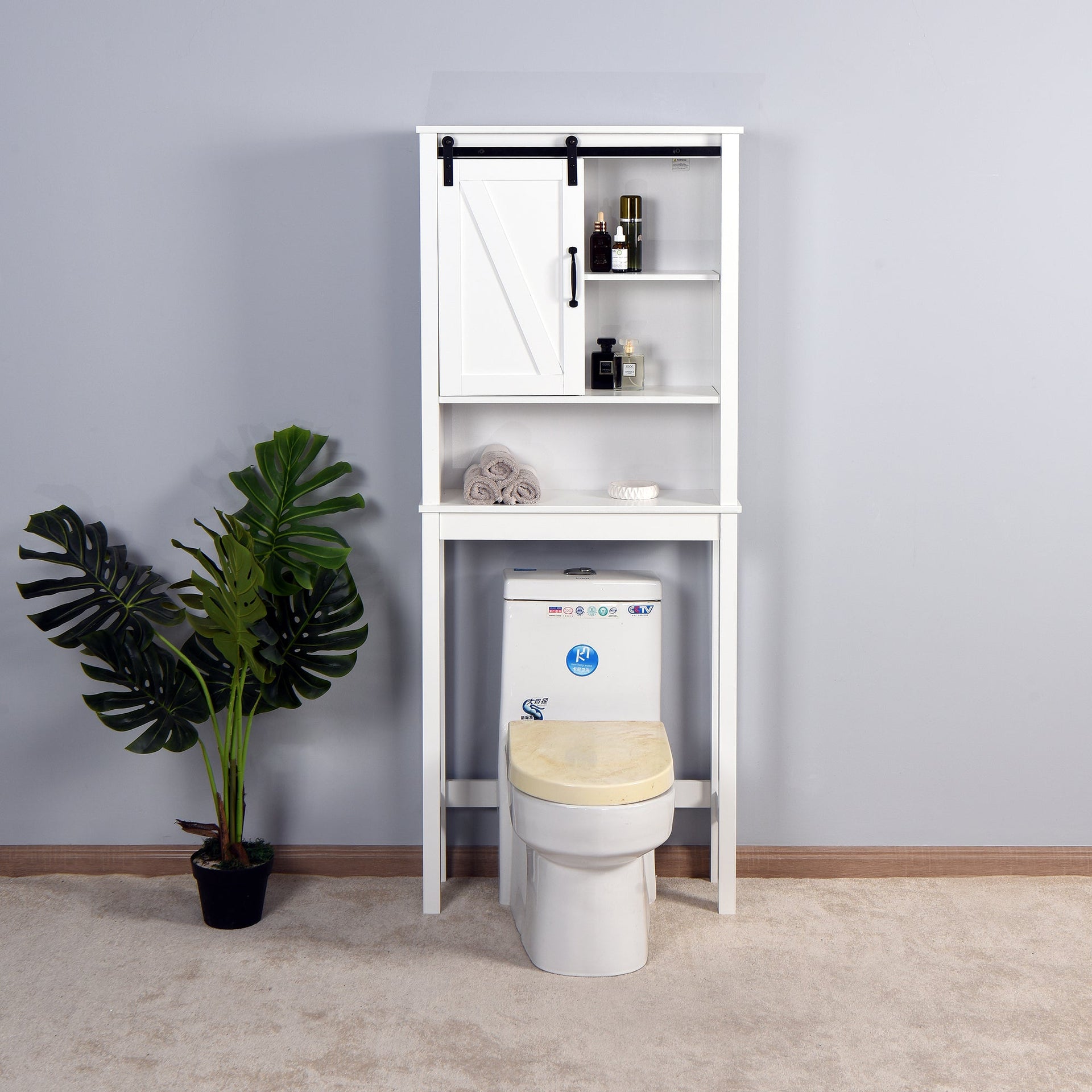 Over-the-Toilet Storage Cabinet, Space-Saving Bathroom Cabinet, with Adjustable Shelves and A Barn Door 27.16 x 9.06 x 67 inch V.I.P Digital Presence