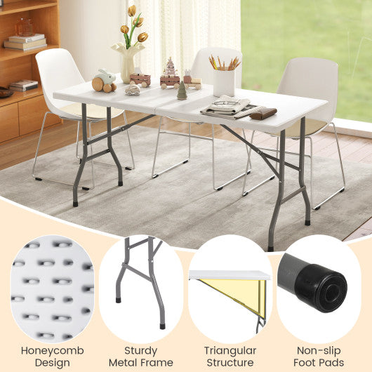5FT Folding Picnic Table with Wood Grain HDPE Tabletop and  Non-slip Foot Pads-WH