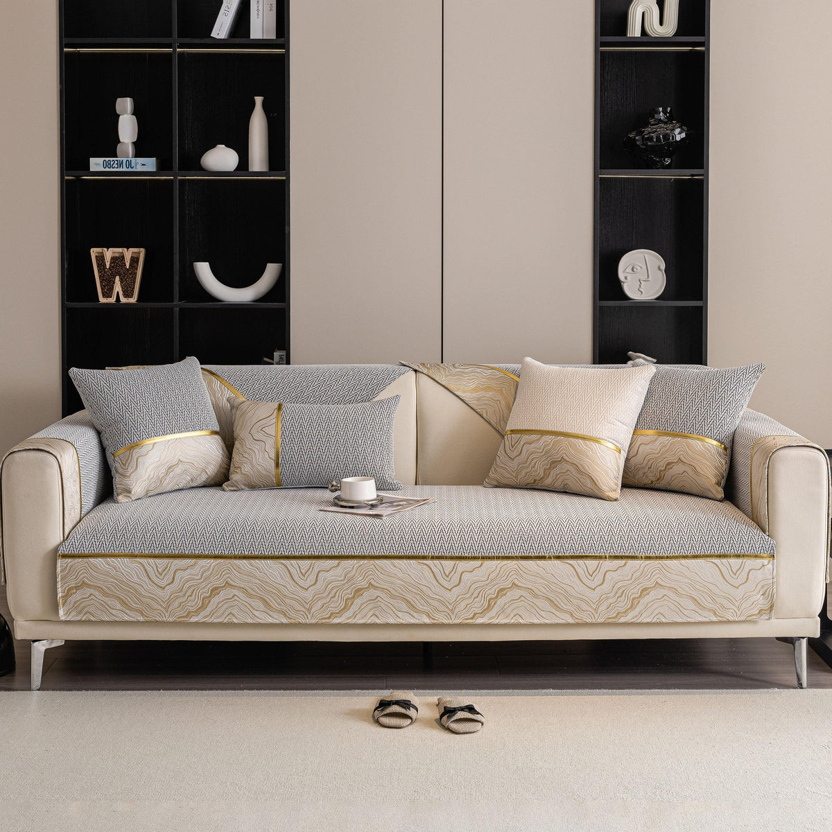 Non-Slip Couch Cover with Gold Trim, Sofa Slipcover for Sectional & Loveseat
