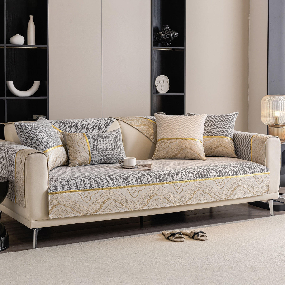Non-Slip Couch Cover with Gold Trim, Sofa Slipcover for Sectional & Loveseat