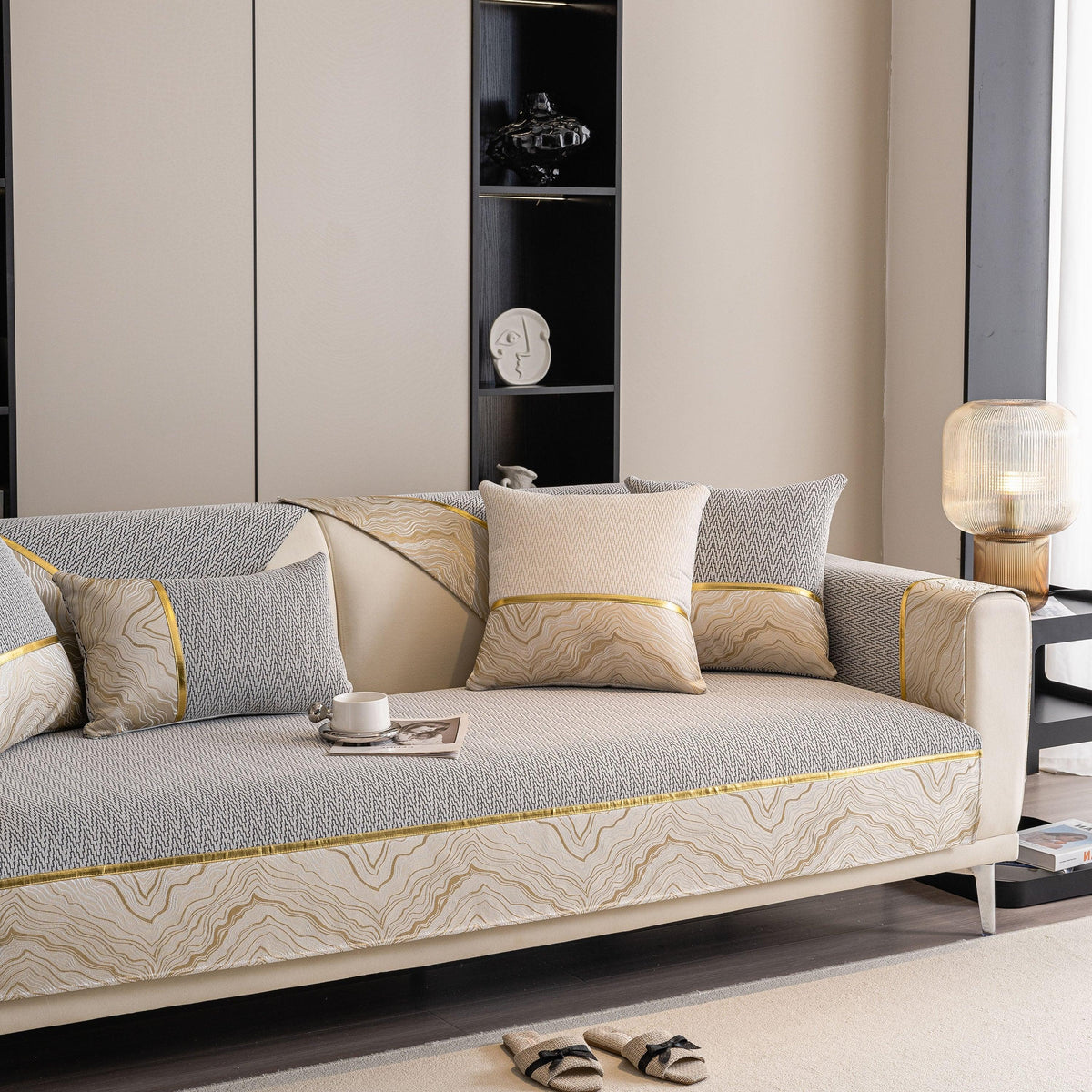 Non-Slip Couch Cover with Gold Trim, Sofa Slipcover for Sectional & Loveseat