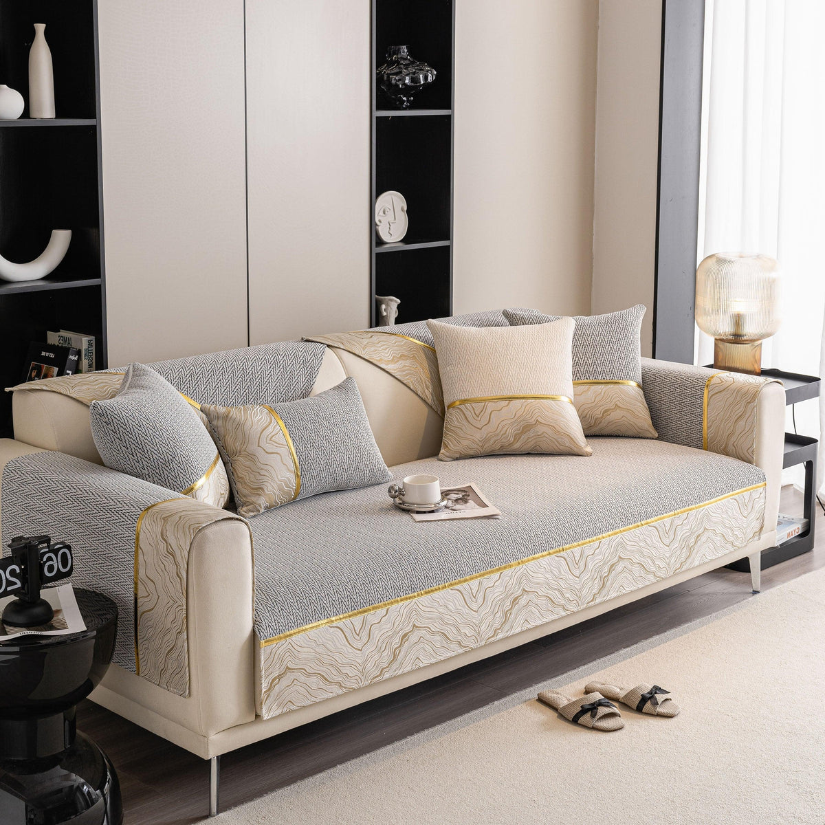 Non-Slip Couch Cover with Gold Trim, Sofa Slipcover for Sectional & Loveseat