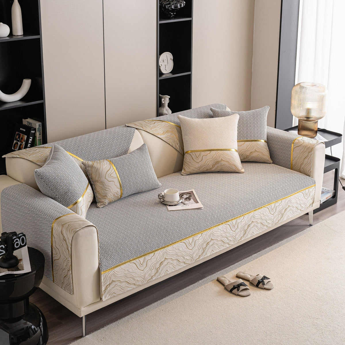 Non-Slip Couch Cover with Gold Trim, Sofa Slipcover for Sectional & Loveseat
