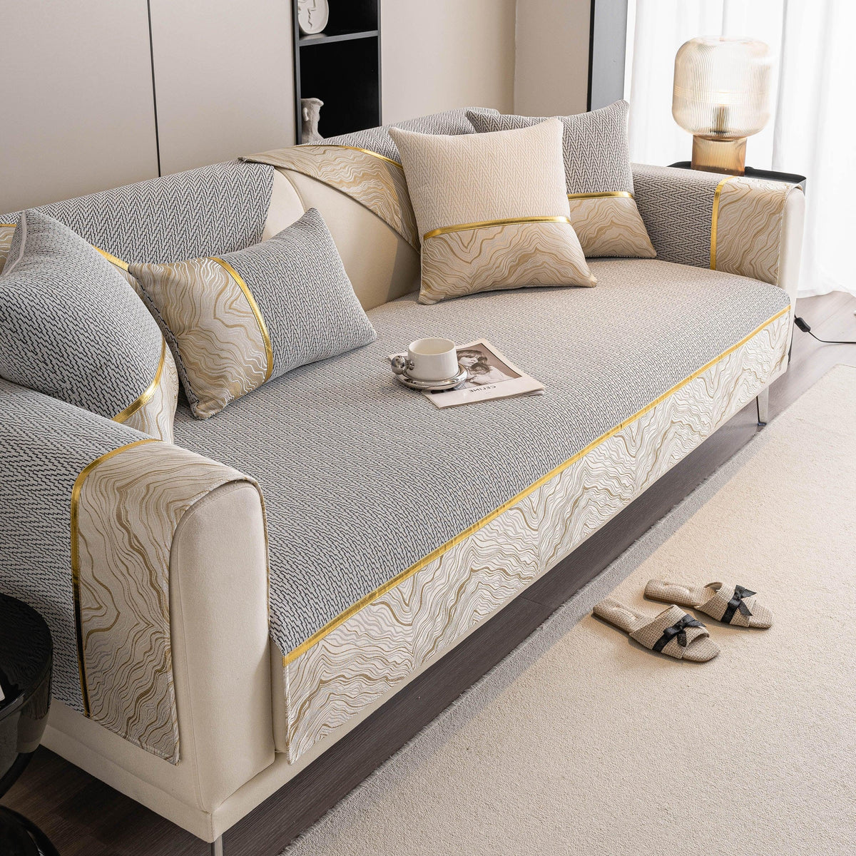 Non-Slip Couch Cover with Gold Trim, Sofa Slipcover for Sectional & Loveseat