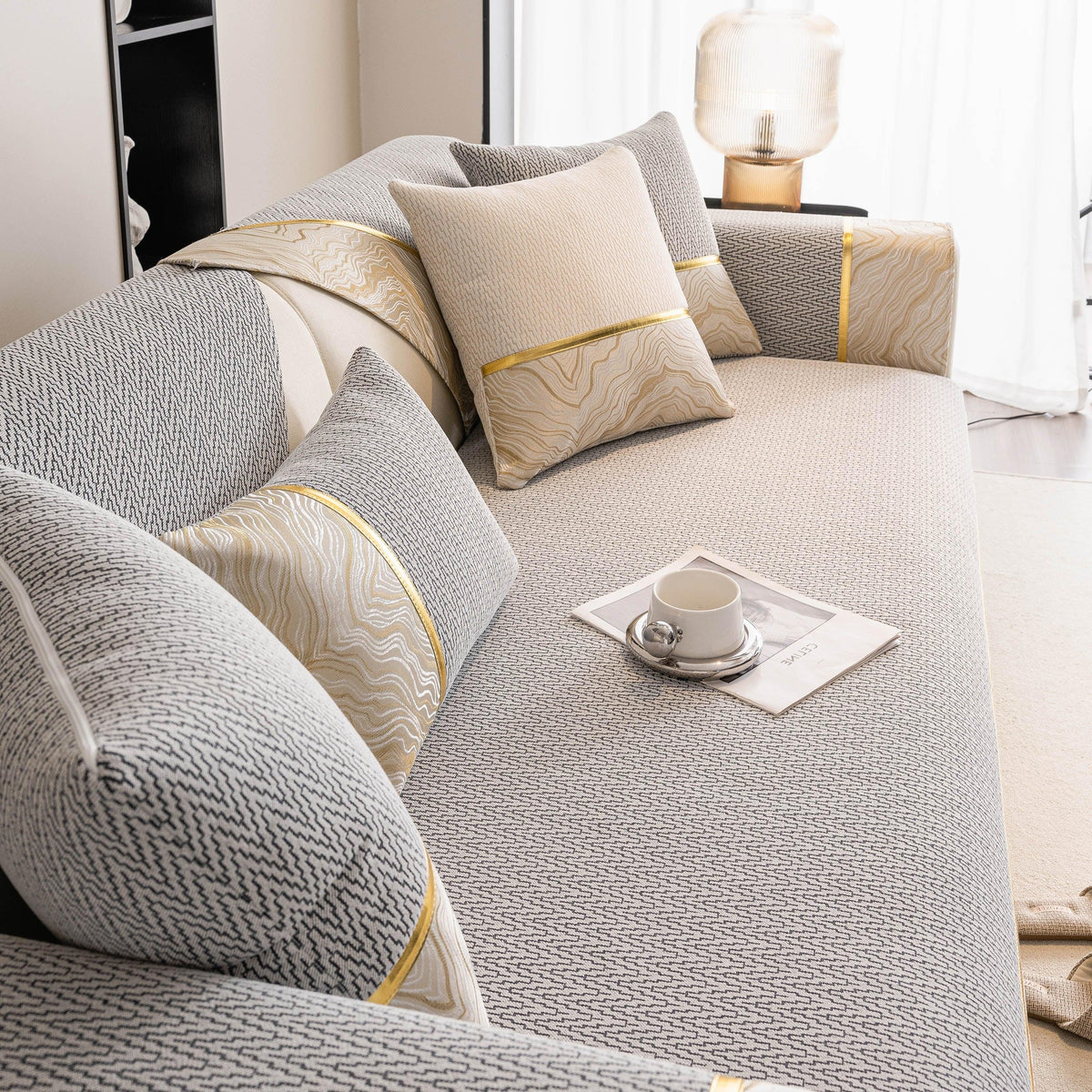 Non-Slip Couch Cover with Gold Trim, Sofa Slipcover for Sectional & Loveseat