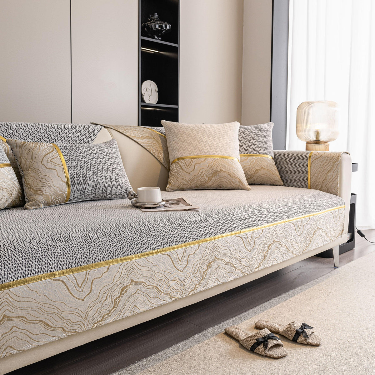Non-Slip Couch Cover with Gold Trim, Sofa Slipcover for Sectional & Loveseat