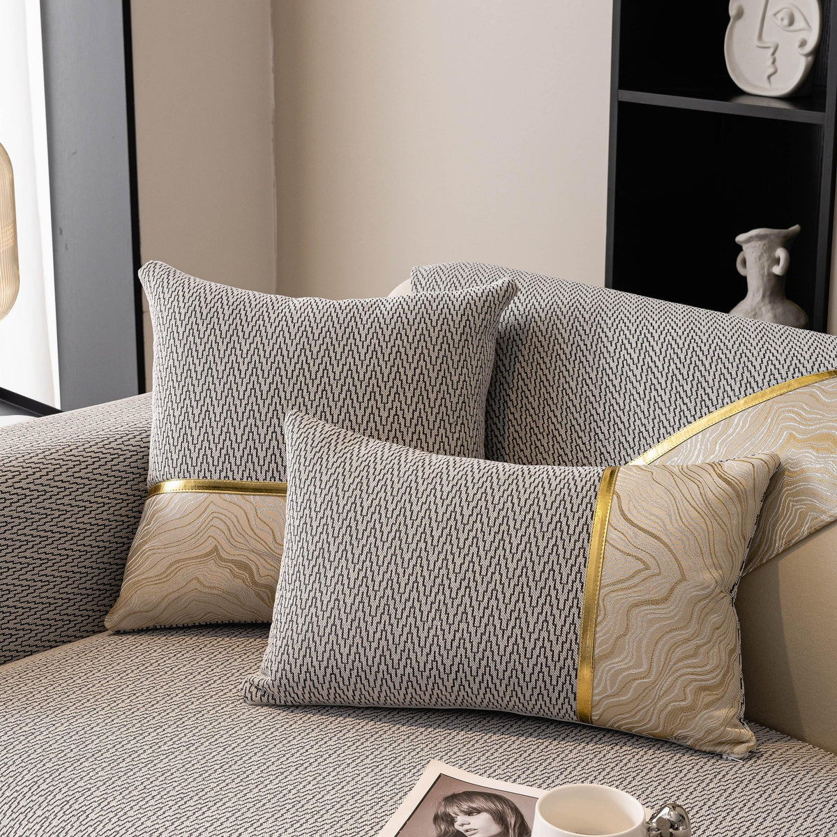 Non-Slip Couch Cover with Gold Trim, Sofa Slipcover for Sectional & Loveseat