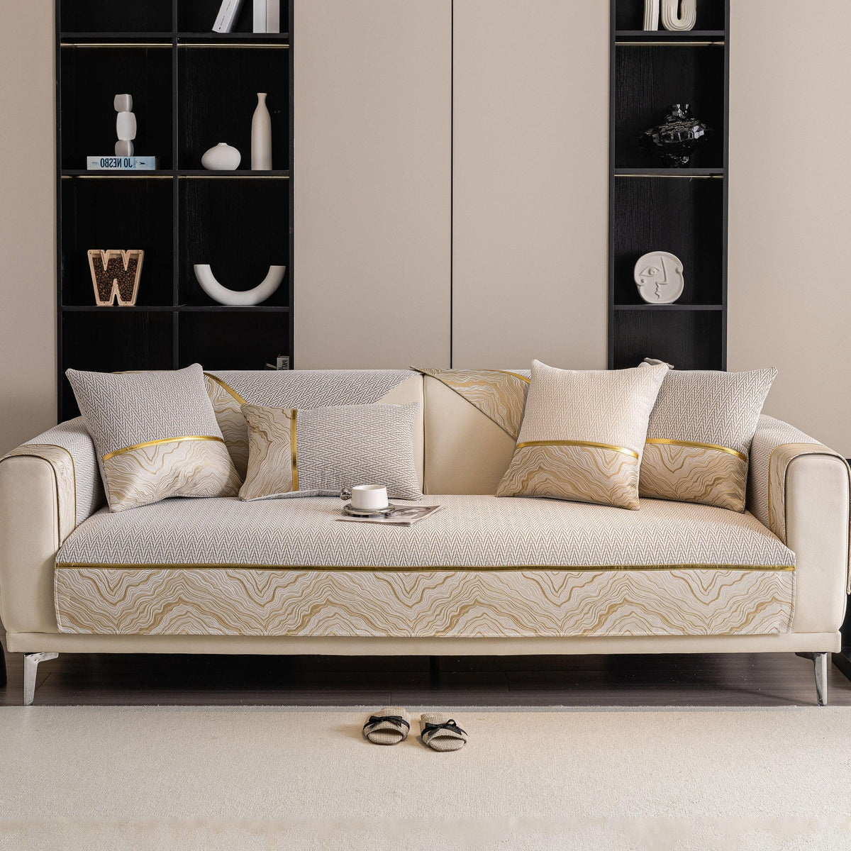 Non-Slip Couch Cover with Gold Trim, Sofa Slipcover for Sectional & Loveseat