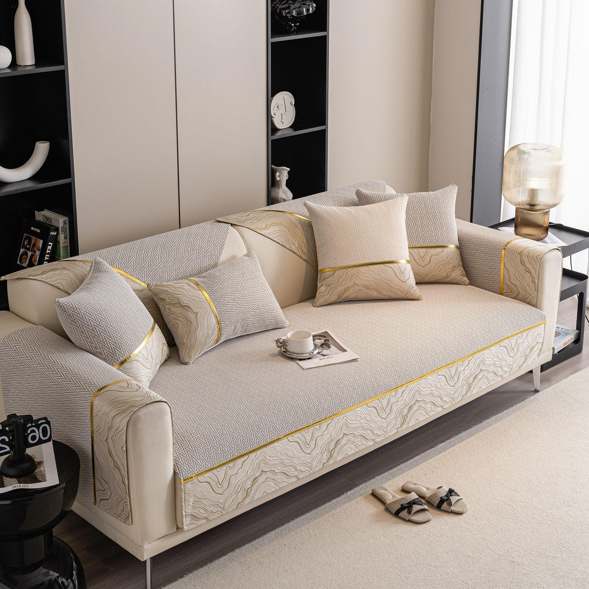 Non-Slip Couch Cover with Gold Trim, Sofa Slipcover for Sectional & Loveseat