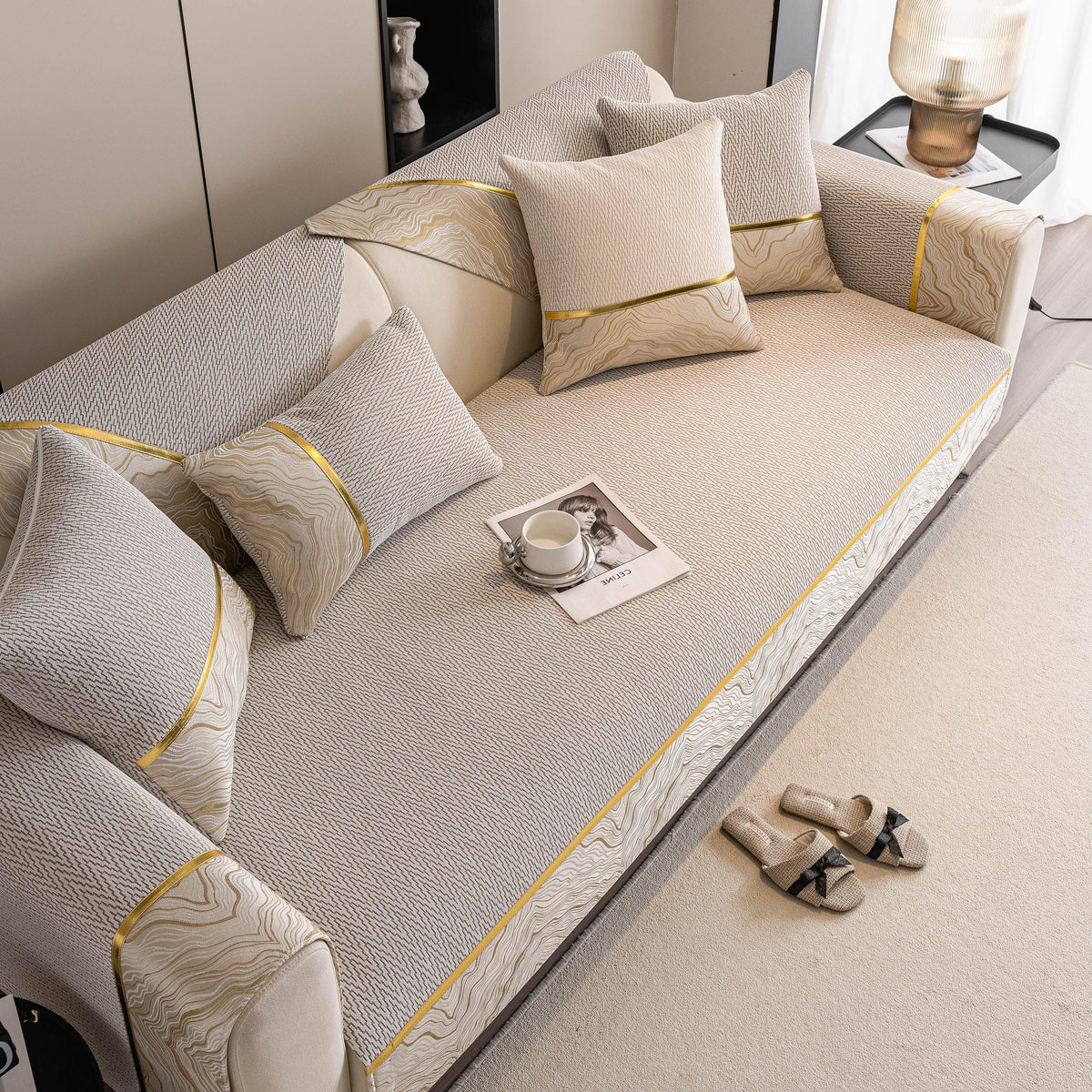 Non-Slip Couch Cover with Gold Trim, Sofa Slipcover for Sectional & Loveseat