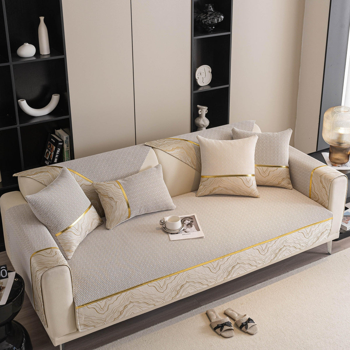 Non-Slip Couch Cover with Gold Trim, Sofa Slipcover for Sectional & Loveseat