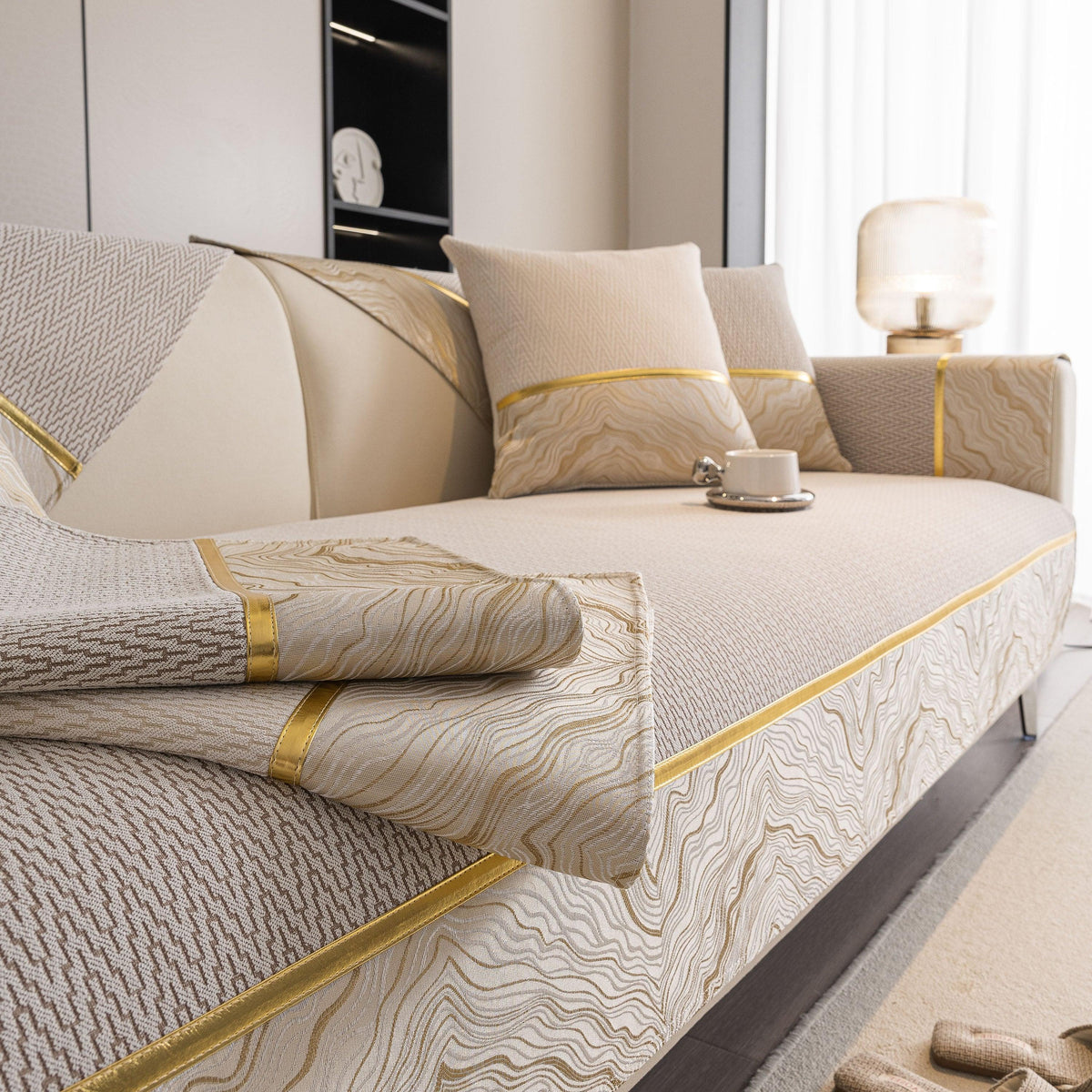 Non-Slip Couch Cover with Gold Trim, Sofa Slipcover for Sectional & Loveseat