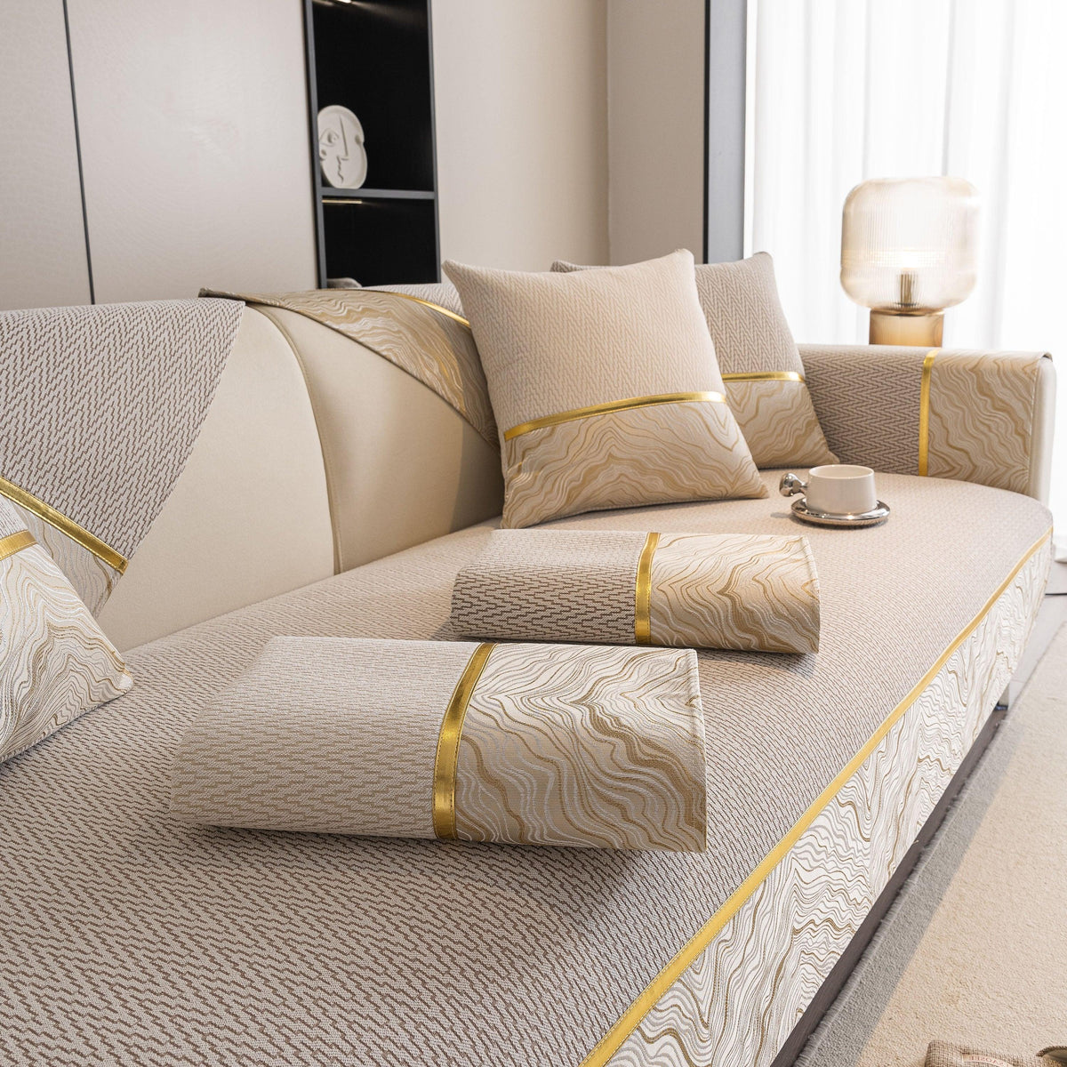 Non-Slip Couch Cover with Gold Trim, Sofa Slipcover for Sectional & Loveseat