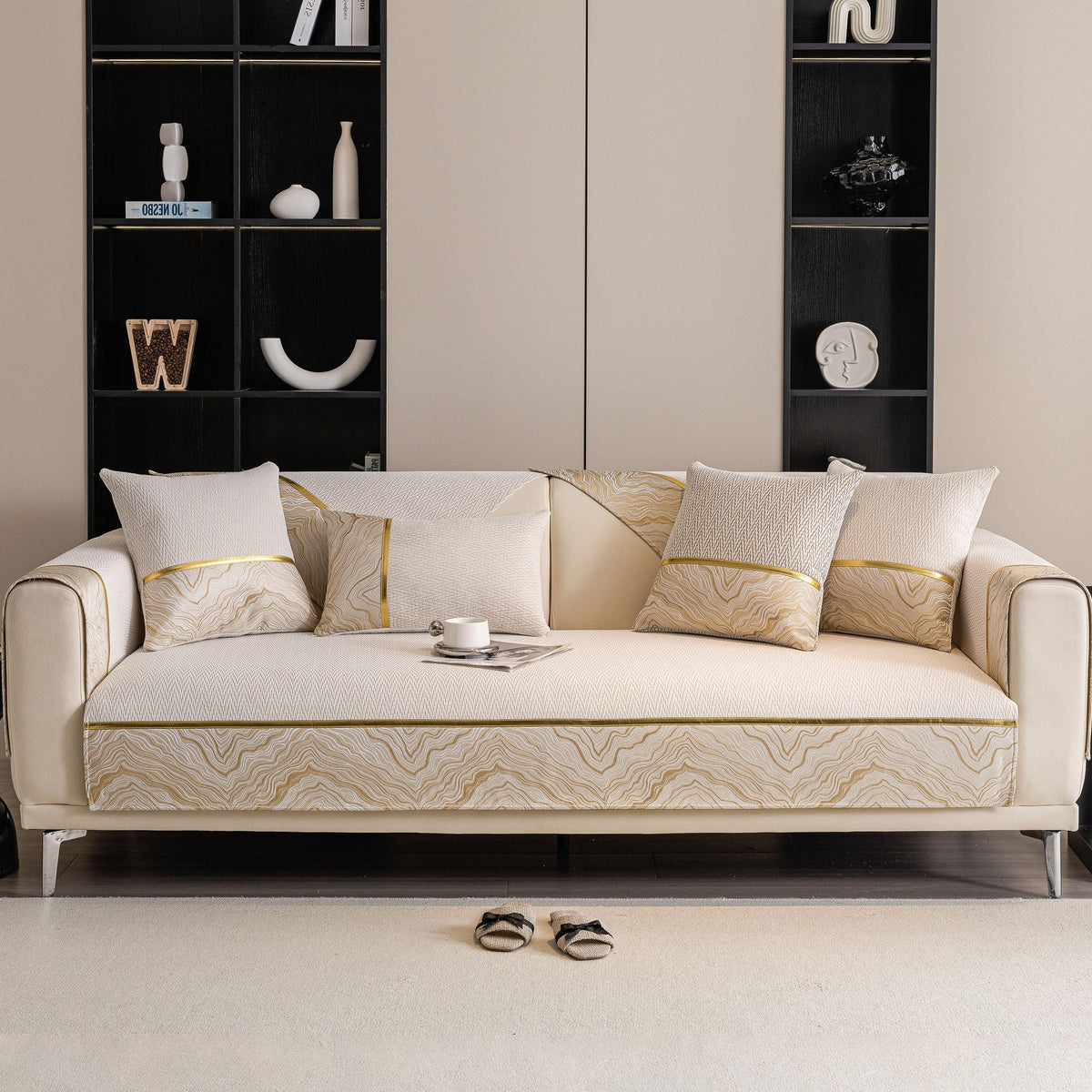 Non-Slip Couch Cover with Gold Trim, Sofa Slipcover for Sectional & Loveseat