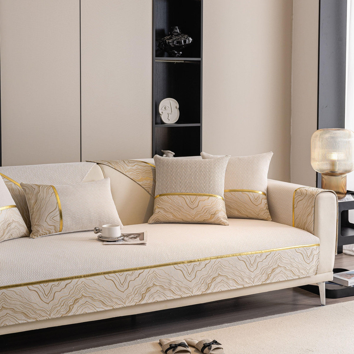 Non-Slip Couch Cover with Gold Trim, Sofa Slipcover for Sectional & Loveseat