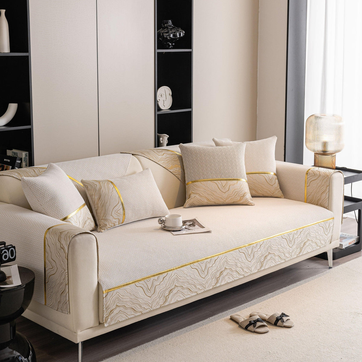 Non-Slip Couch Cover with Gold Trim, Sofa Slipcover for Sectional & Loveseat