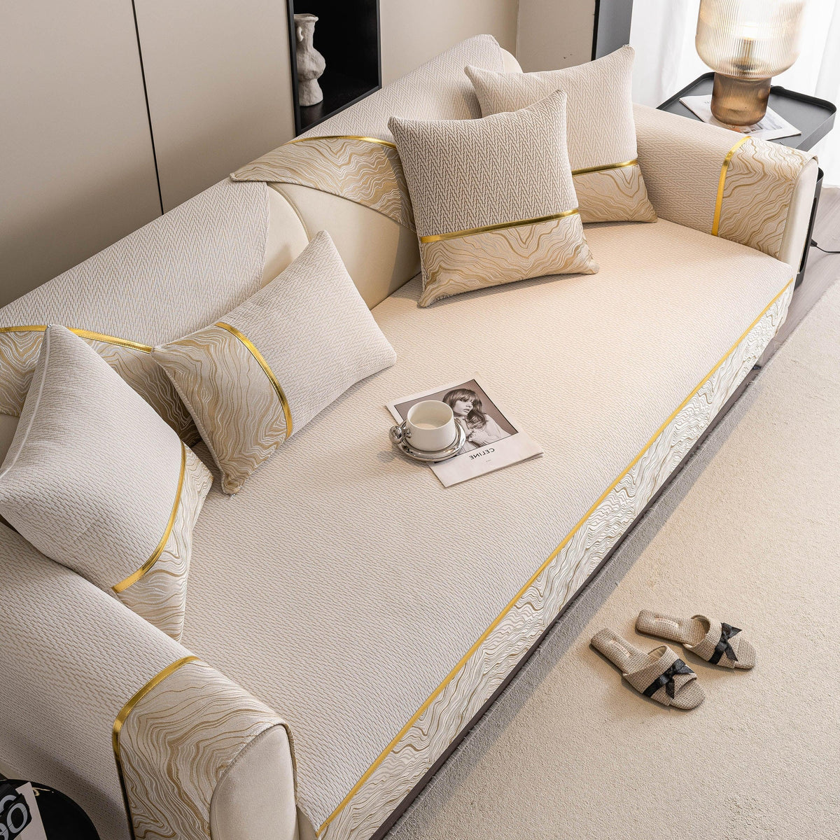 Non-Slip Couch Cover with Gold Trim, Sofa Slipcover for Sectional & Loveseat