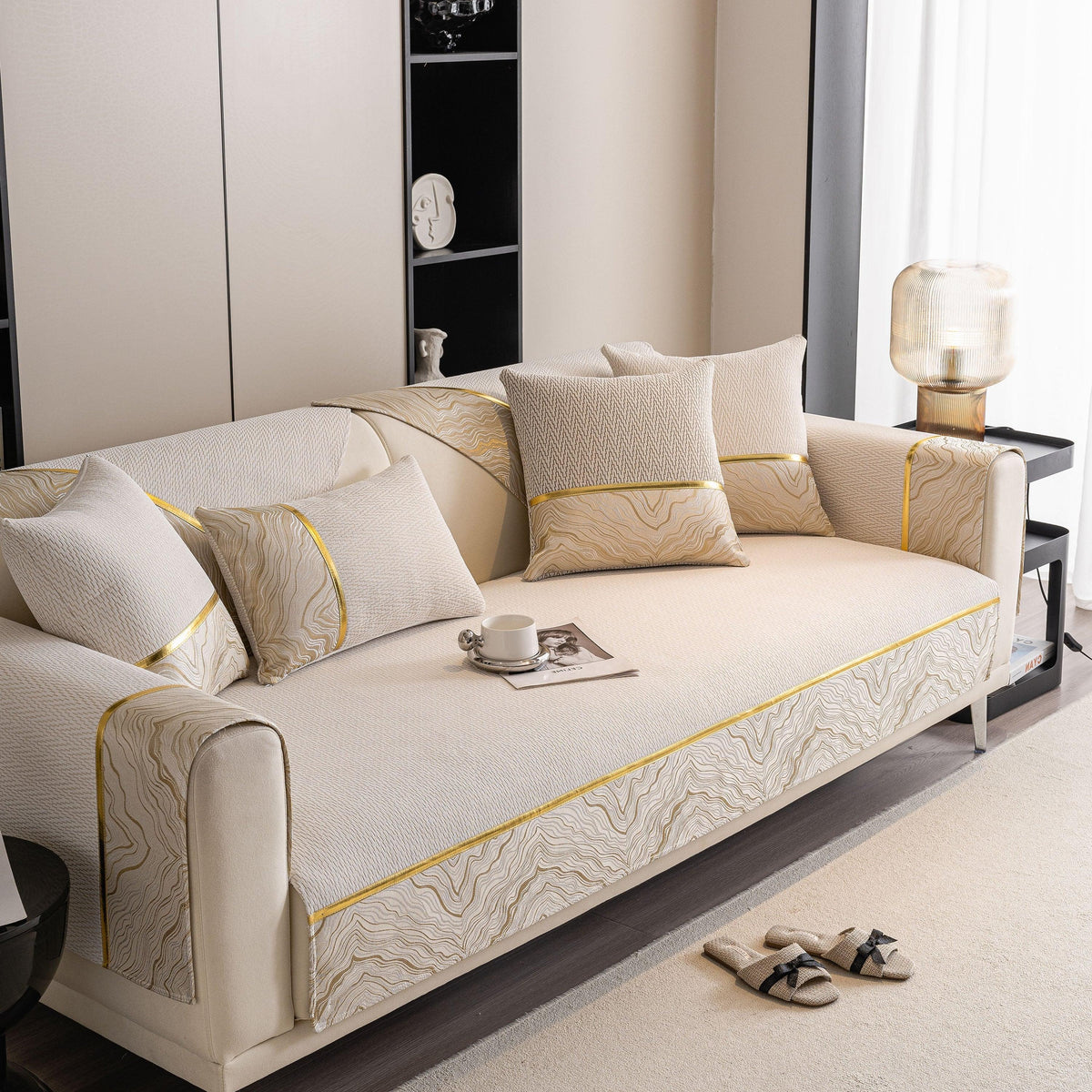 Non-Slip Couch Cover with Gold Trim, Sofa Slipcover for Sectional & Loveseat