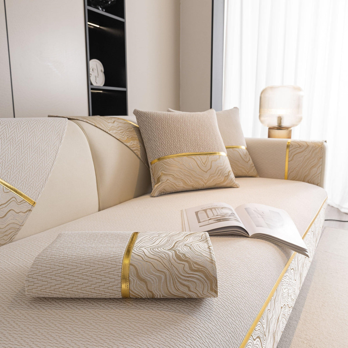 Non-Slip Couch Cover with Gold Trim, Sofa Slipcover for Sectional & Loveseat