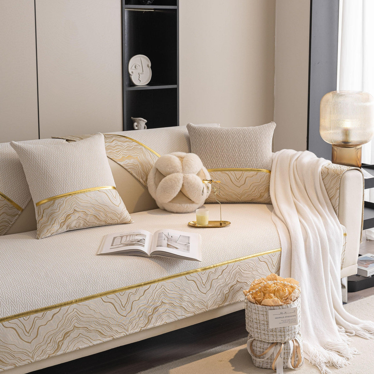 Non-Slip Couch Cover with Gold Trim, Sofa Slipcover for Sectional & Loveseat