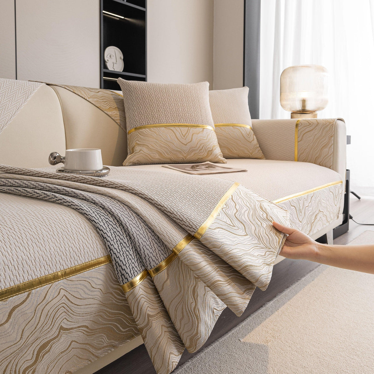 Non-Slip Couch Cover with Gold Trim, Sofa Slipcover for Sectional & Loveseat