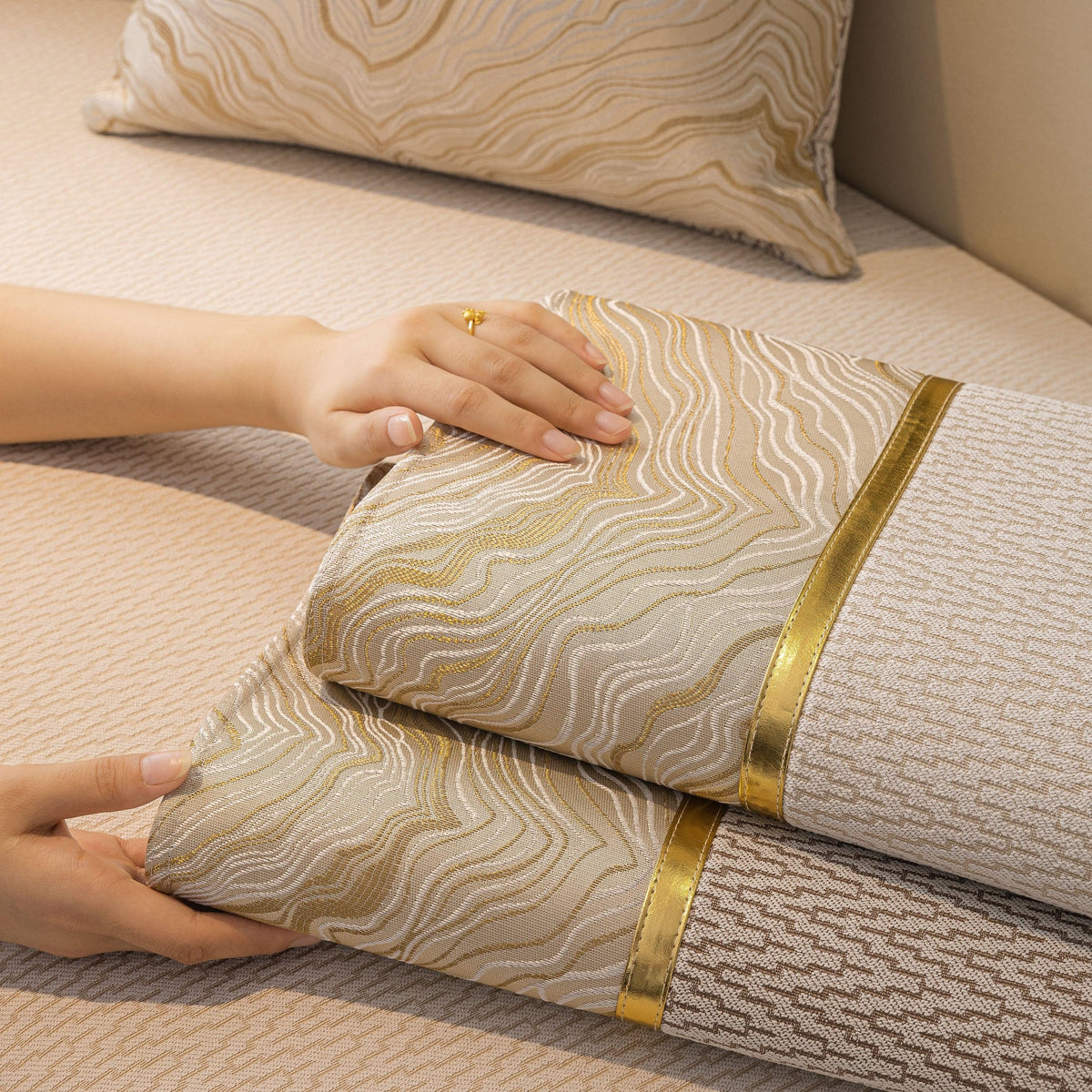 Non-Slip Couch Cover with Gold Trim, Sofa Slipcover for Sectional & Loveseat