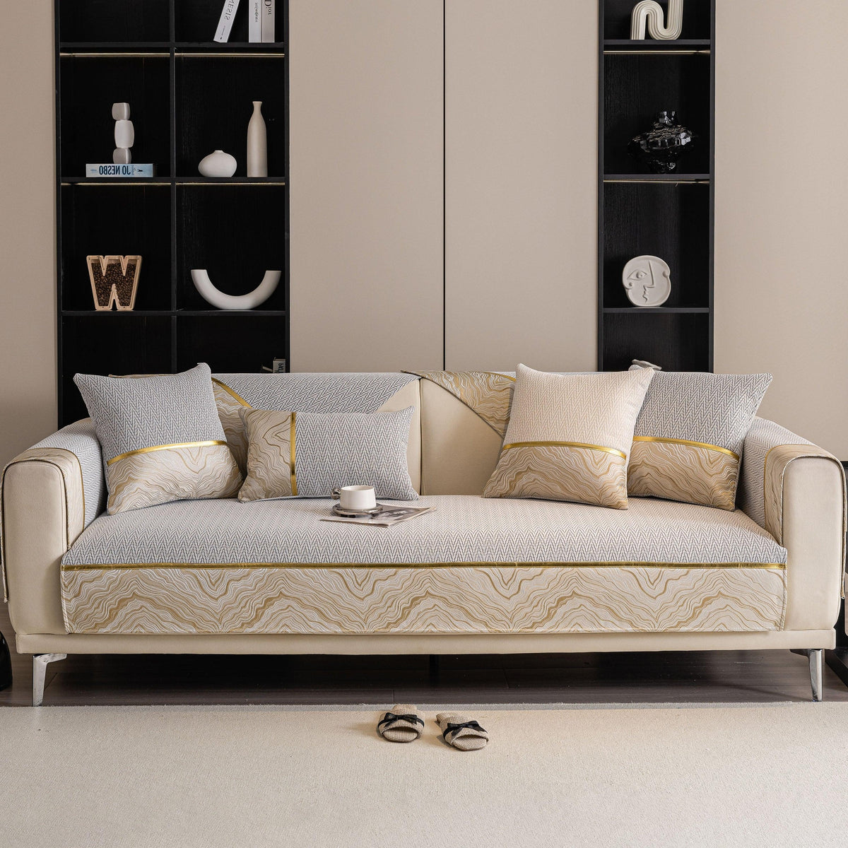 Non-Slip Couch Cover with Gold Trim, Sofa Slipcover for Sectional & Loveseat