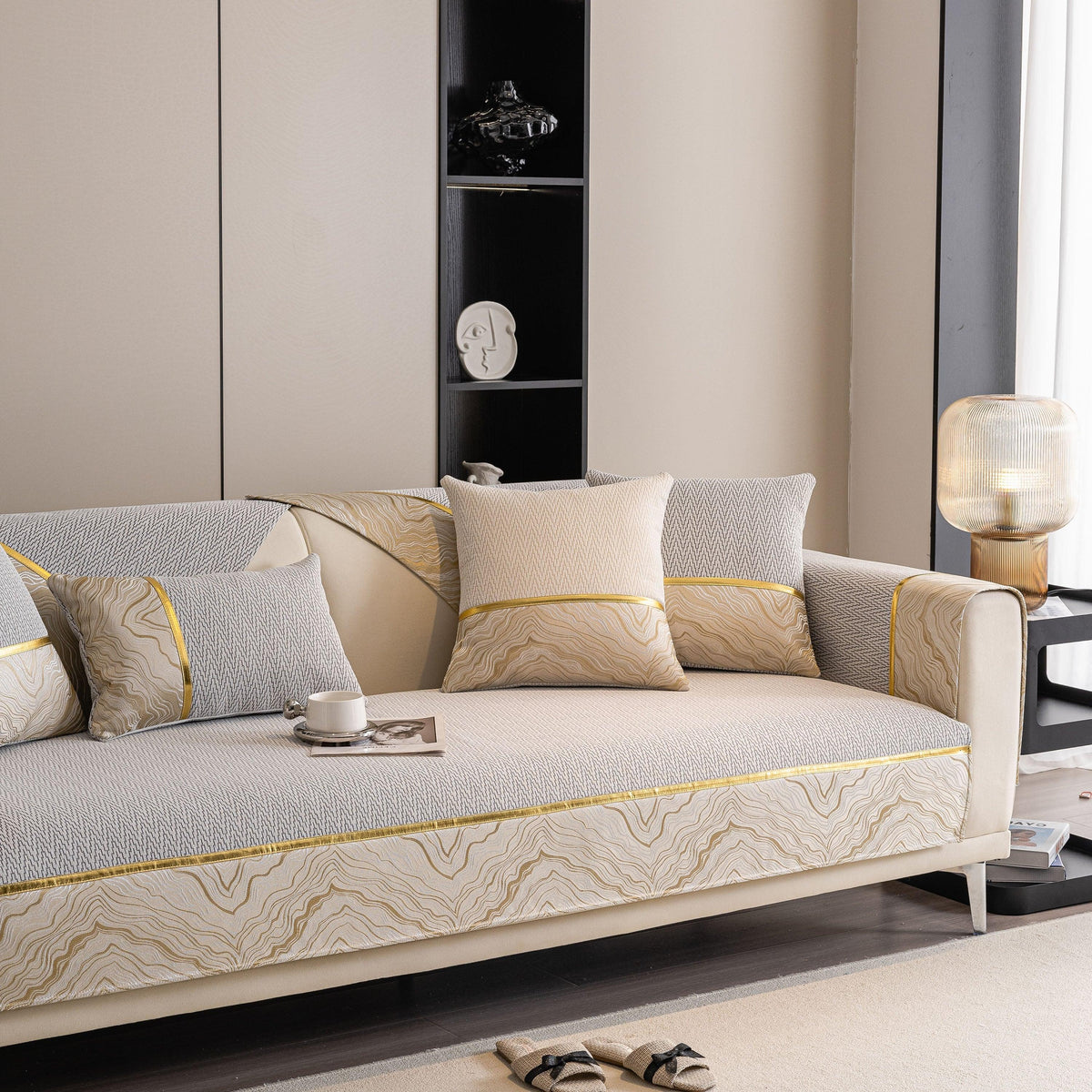 Non-Slip Couch Cover with Gold Trim, Sofa Slipcover for Sectional & Loveseat