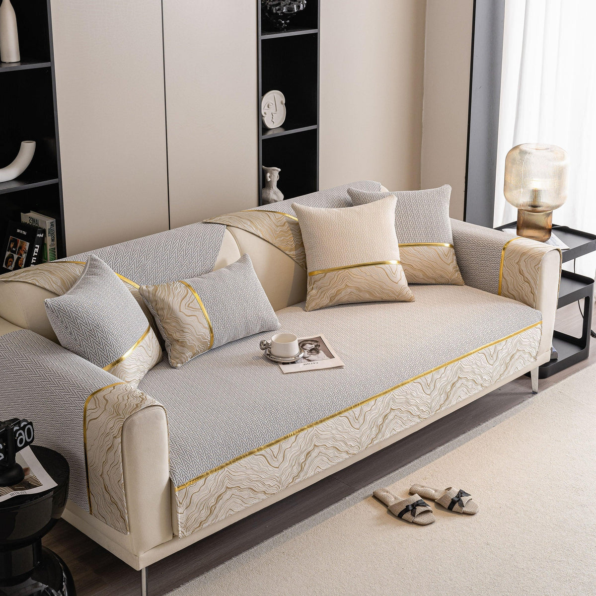 Non-Slip Couch Cover with Gold Trim, Sofa Slipcover for Sectional & Loveseat
