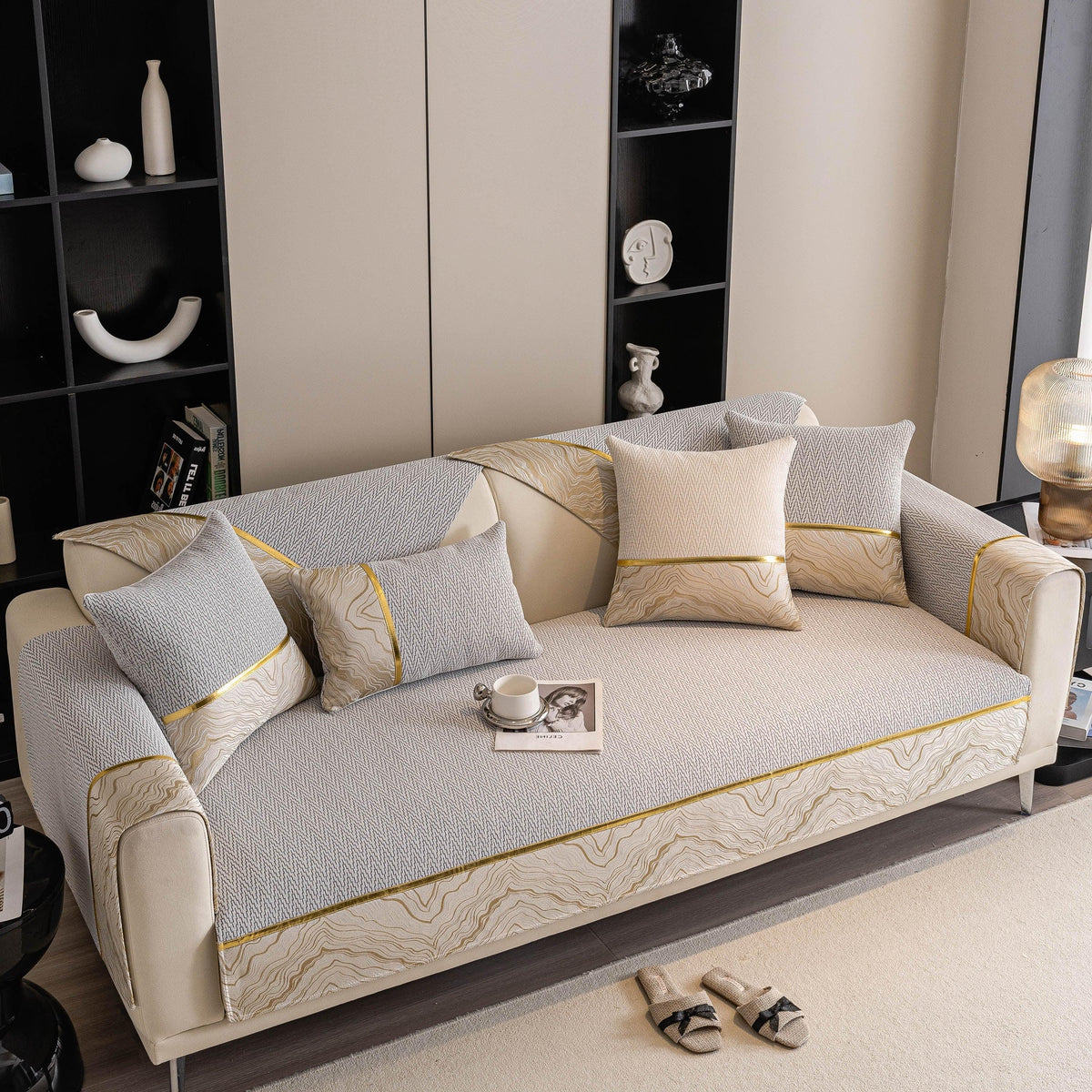 Non-Slip Couch Cover with Gold Trim, Sofa Slipcover for Sectional & Loveseat