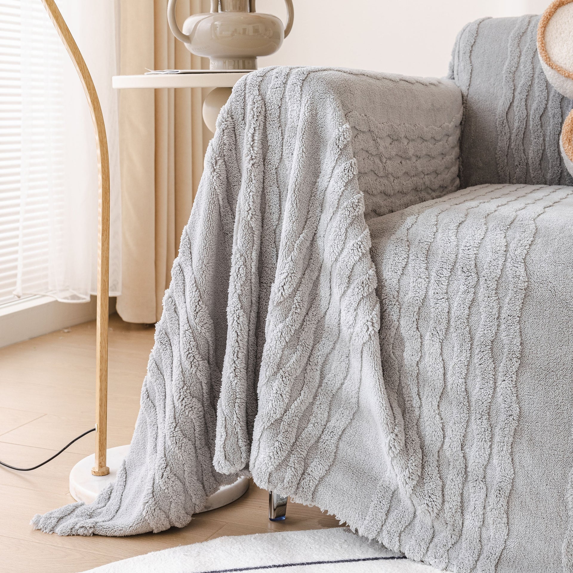 Modern 3D Water Ripple Sofa Cover, Non-Shedding Cream Style Furniture Protector Throw
