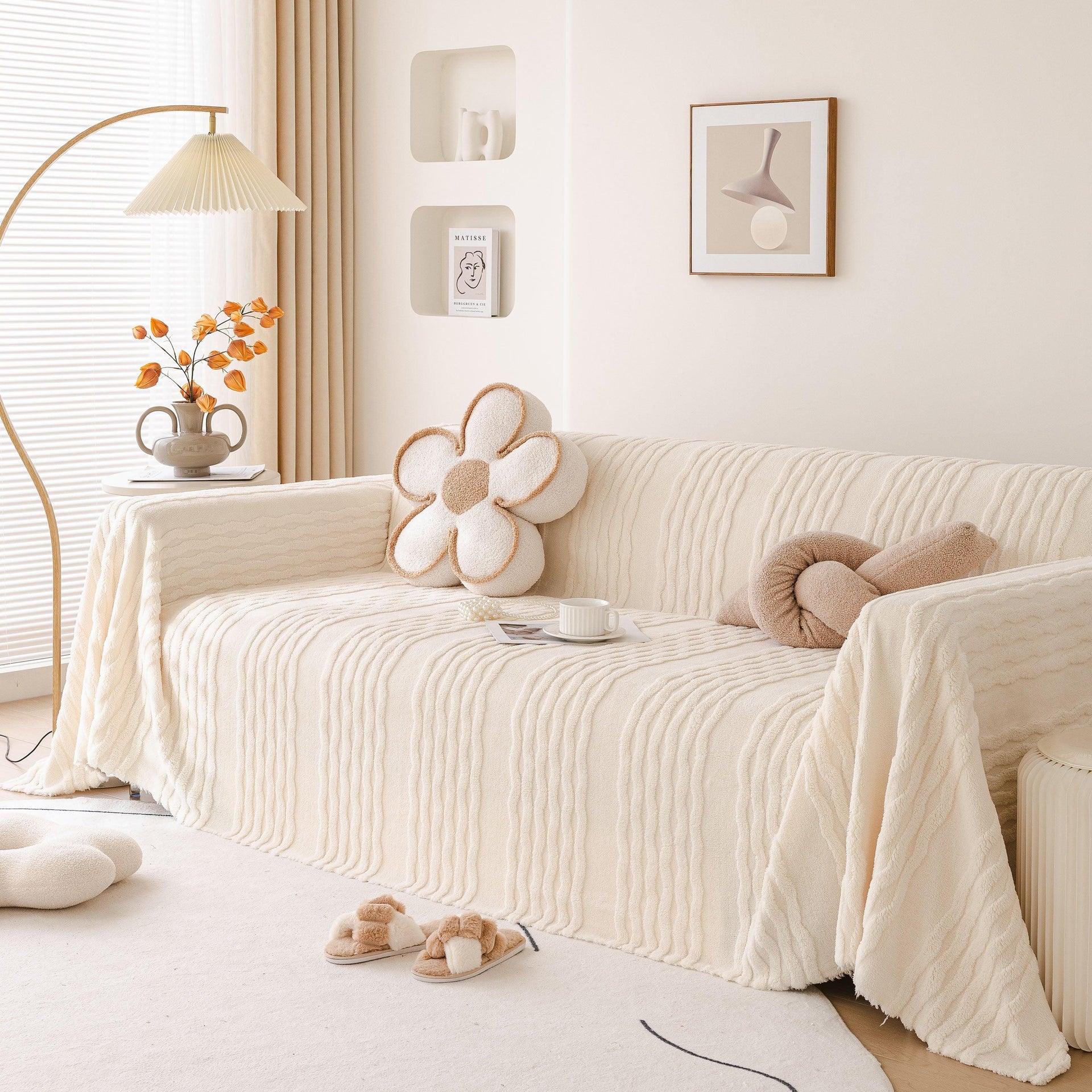 Modern 3D Water Ripple Sofa Cover, Non-Shedding Cream Style Furniture Protector Throw