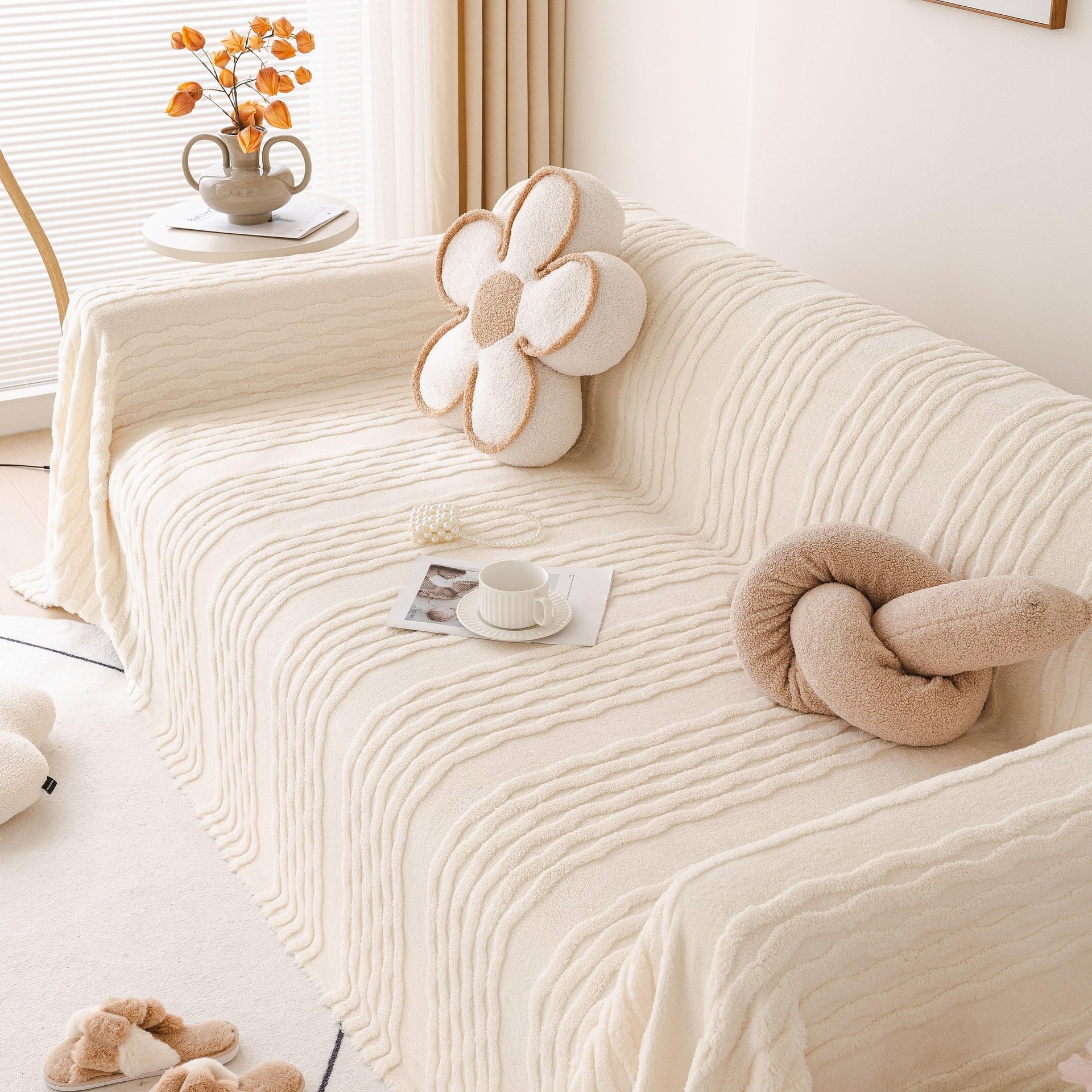 Modern 3D Water Ripple Sofa Cover, Non-Shedding Cream Style Furniture Protector Throw