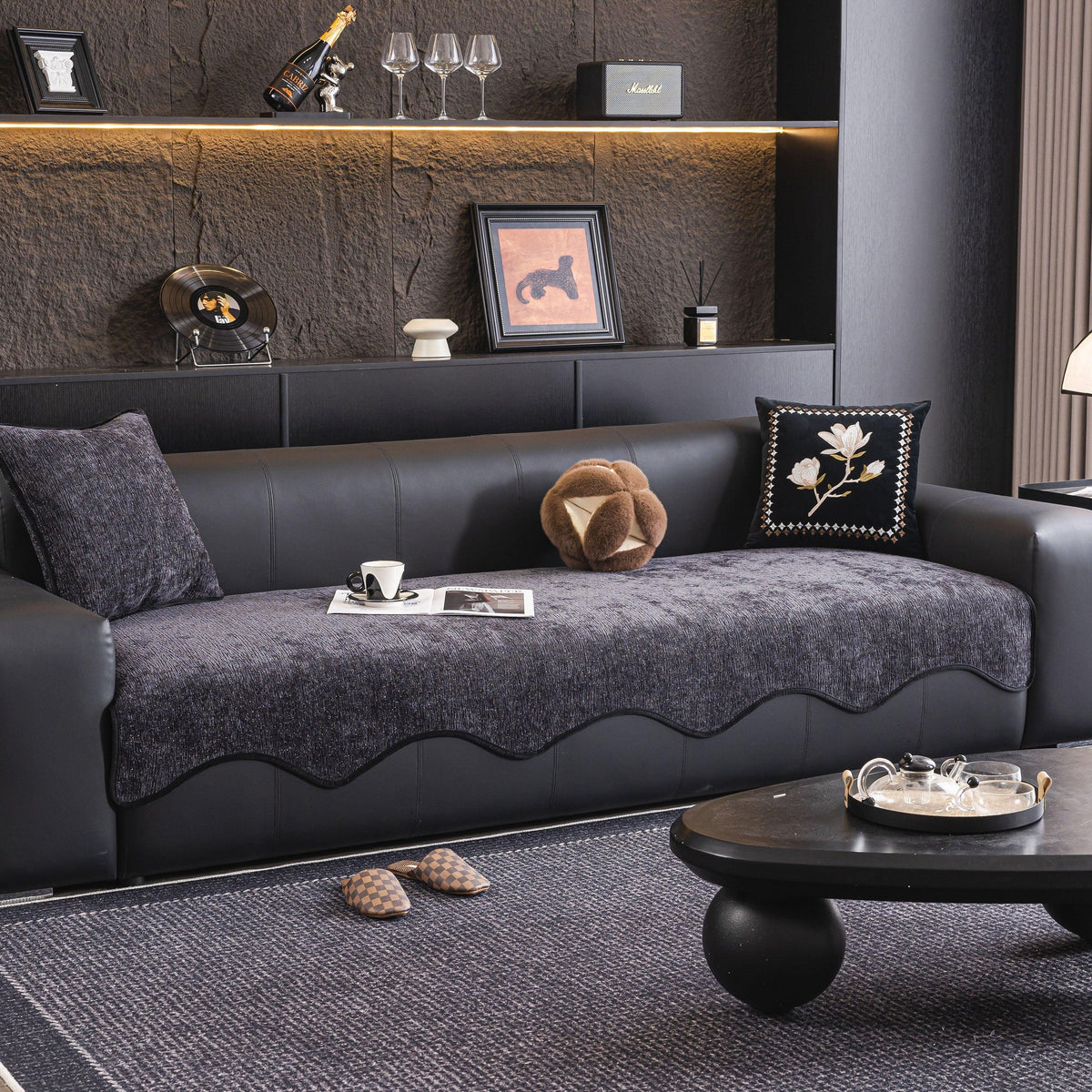 Chenille Couch Cover with Scalloped Edge, Non-Slip Modular Slipcover Sectional