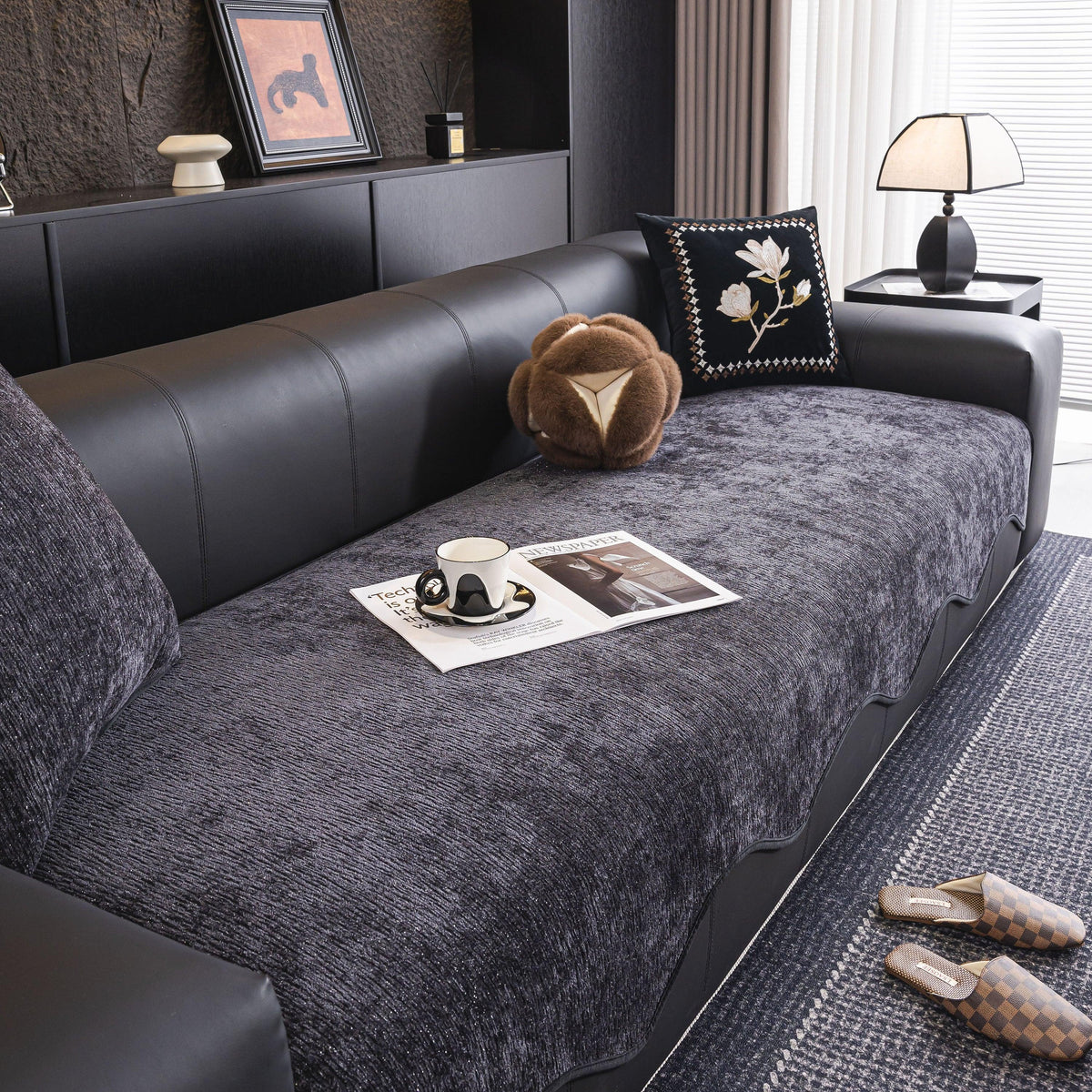 Chenille Couch Cover with Scalloped Edge, Non-Slip Modular Slipcover Sectional
