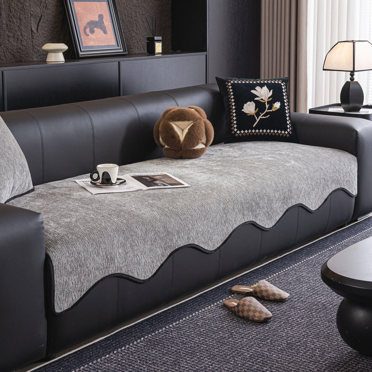 Chenille Couch Cover with Scalloped Edge, Non-Slip Modular Slipcover Sectional