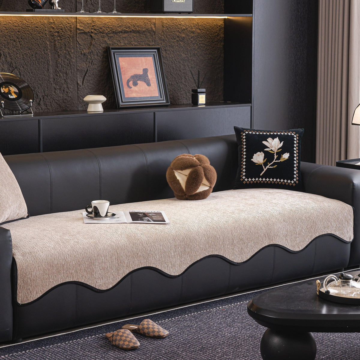 Chenille Couch Cover with Scalloped Edge, Non-Slip Modular Slipcover Sectional