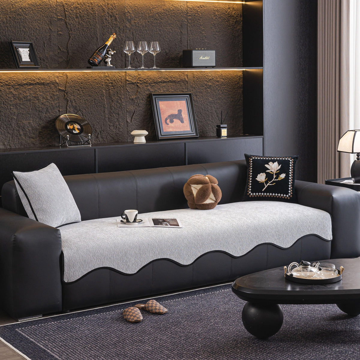 Chenille Couch Cover with Scalloped Edge, Non-Slip Modular Slipcover Sectional