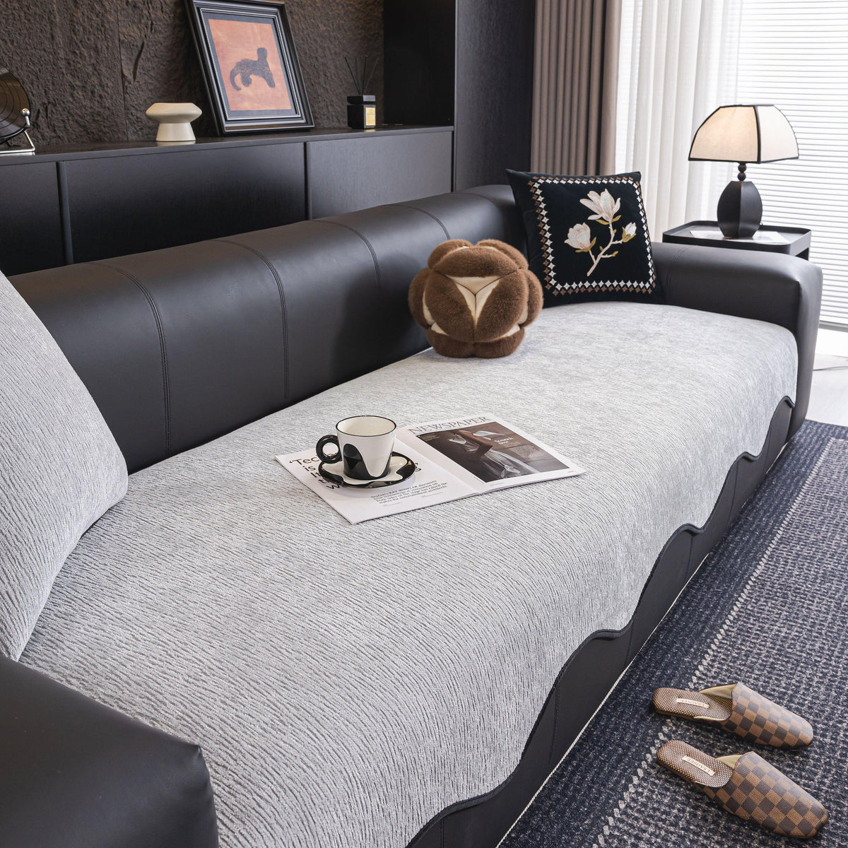 Chenille Couch Cover with Scalloped Edge, Non-Slip Modular Slipcover Sectional