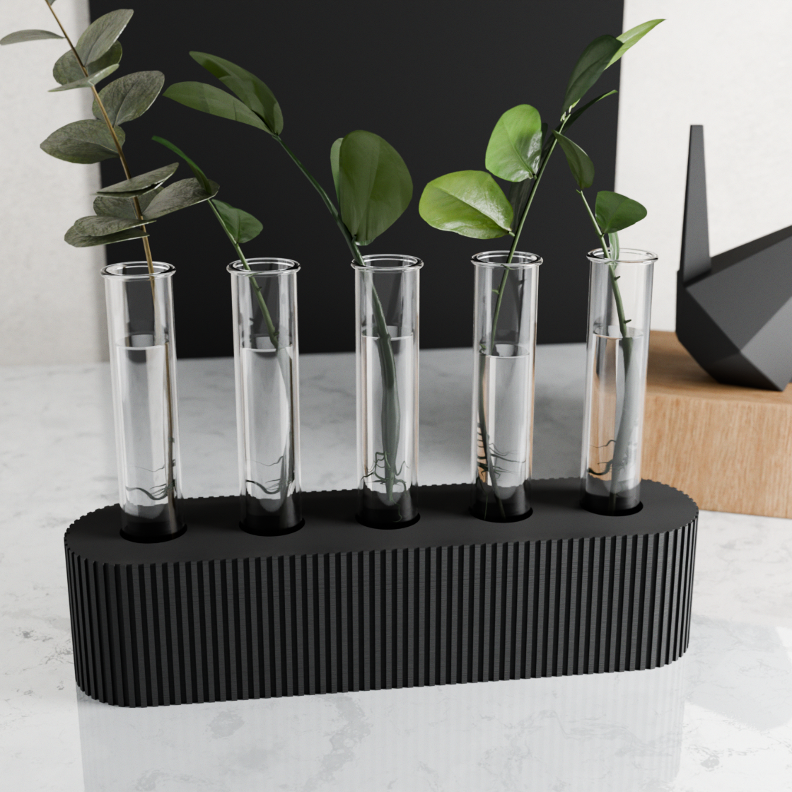 Set of five clear test tube-shaped vases on a black stand with green leaves.