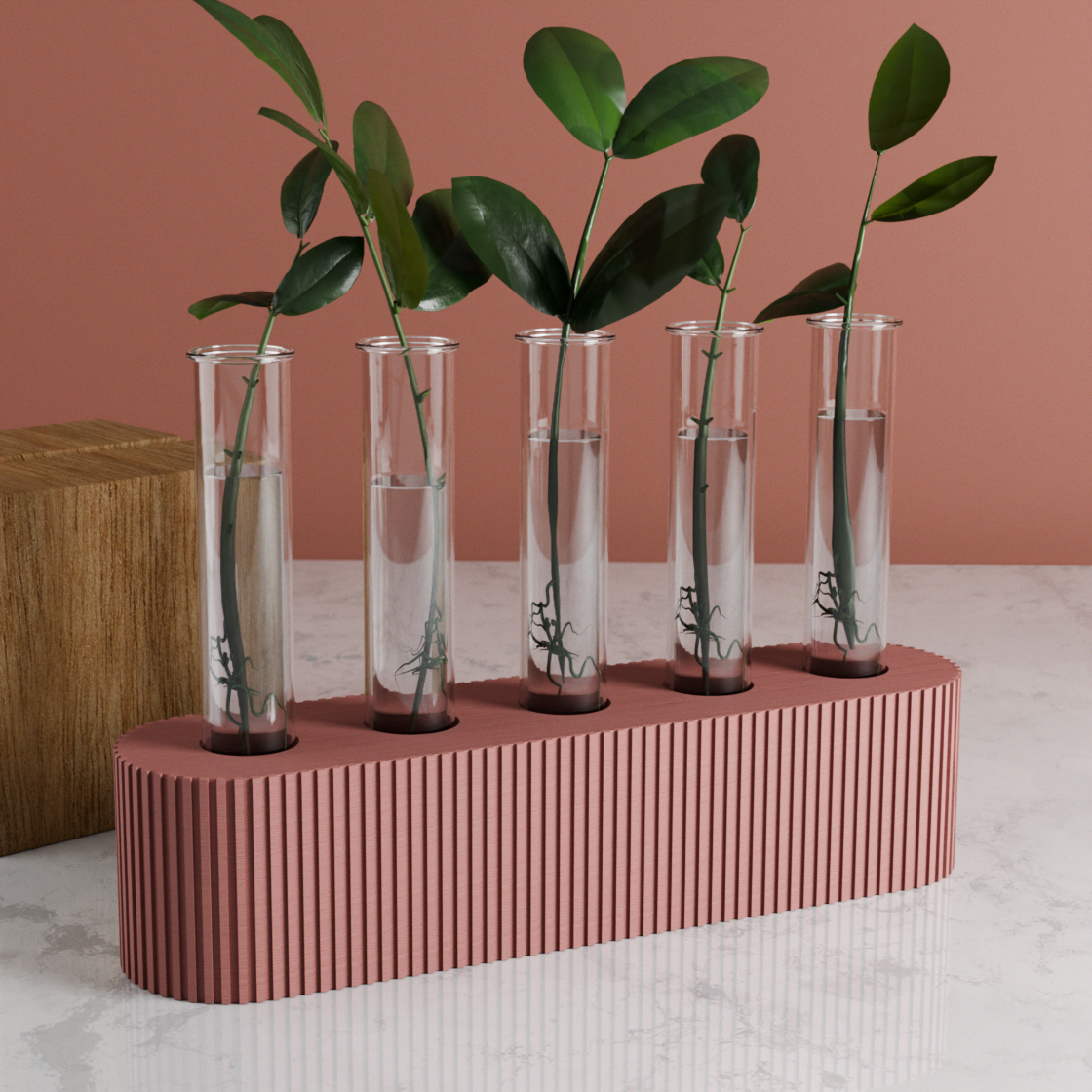 Pink holder with clear test tube-like vases containing green plants against a pink background