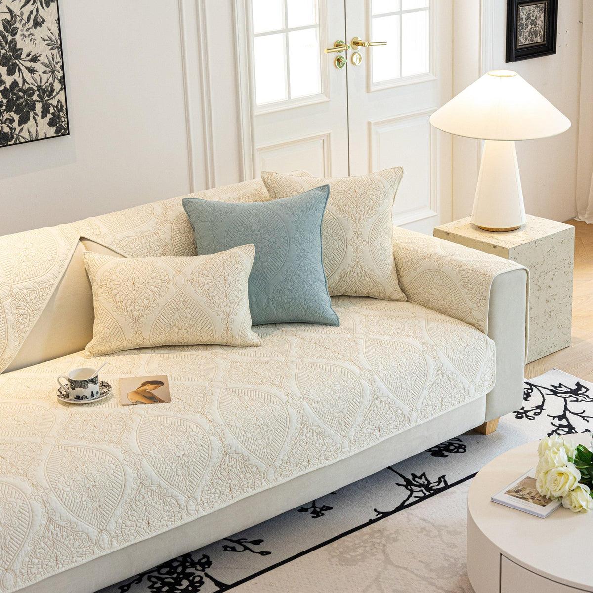 Baroque Sofa Cover – Quilted Cotton, Non-Slip, Washable with Ornate Embroidery