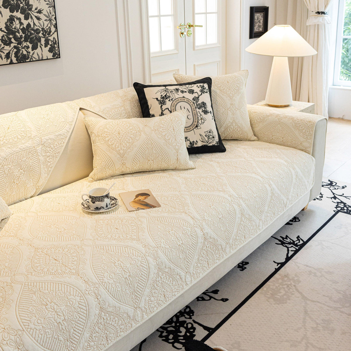 Baroque Sofa Cover – Quilted Cotton, Non-Slip, Washable with Ornate Embroidery