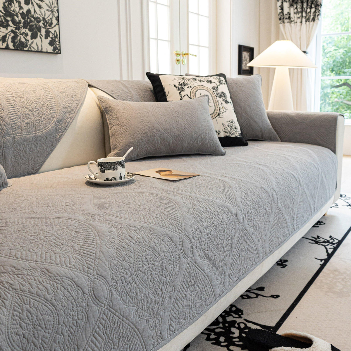Baroque Sofa Cover – Quilted Cotton, Non-Slip, Washable with Ornate Embroidery