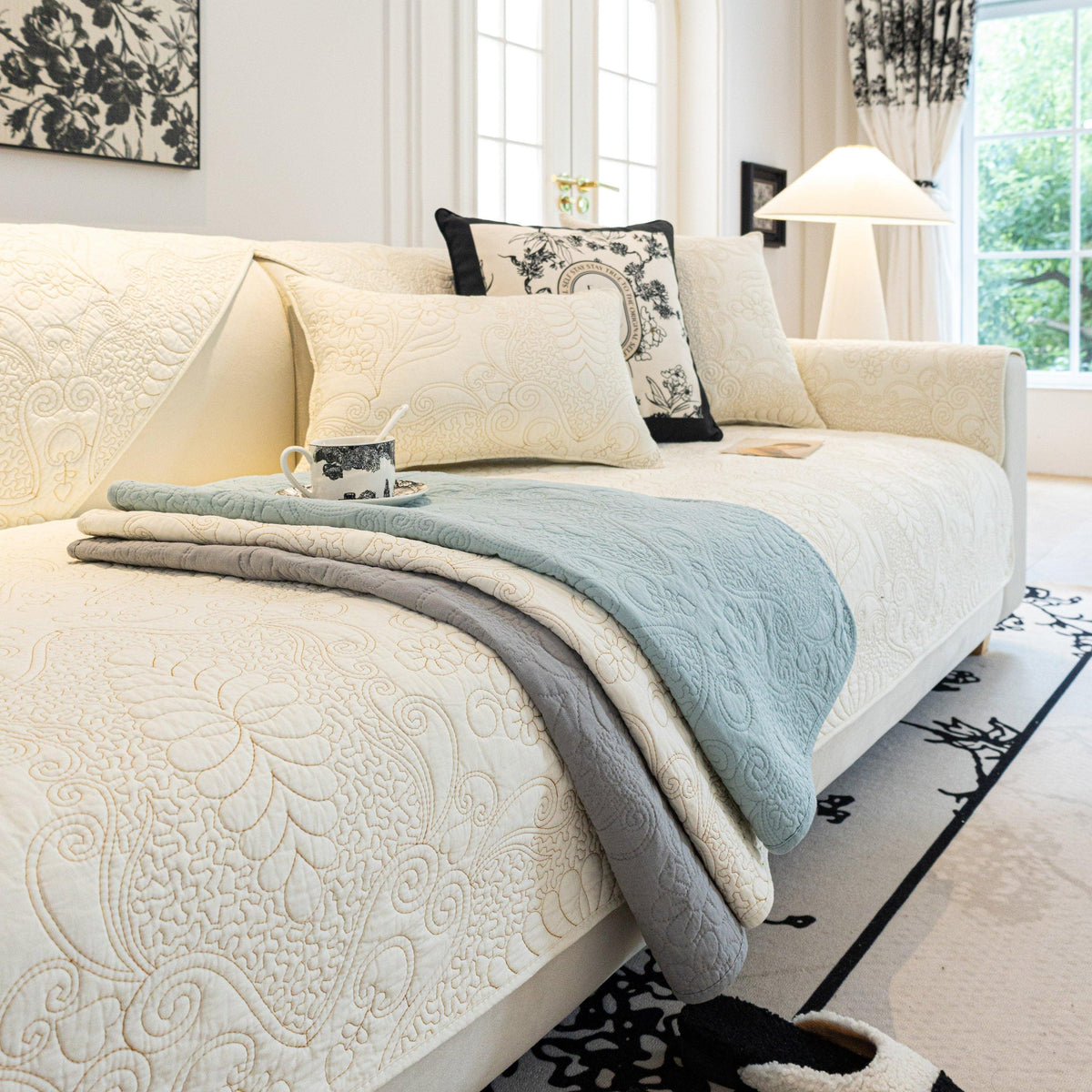 Baroque Floral Quilted Cotton Sofa Cover, Non-Slip Washable Couch Protector