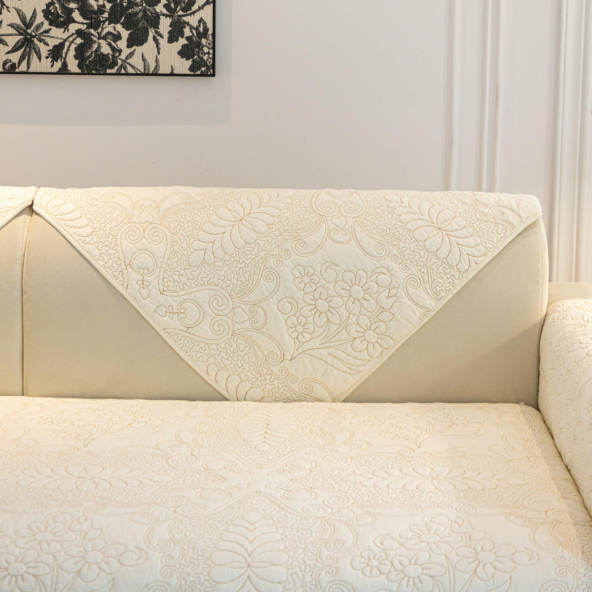Baroque Floral Quilted Cotton Sofa Cover, Non-Slip Washable Couch Protector