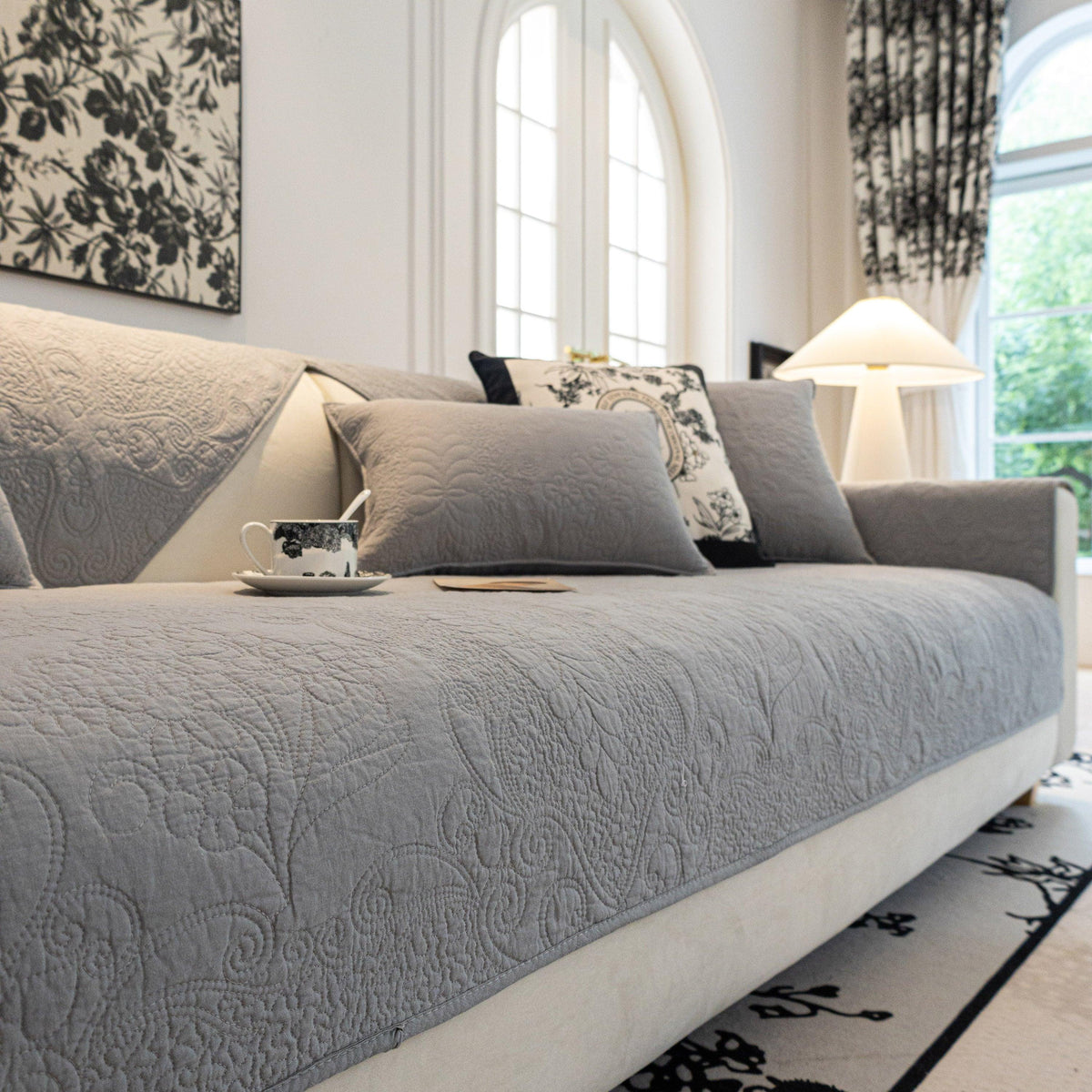Baroque Floral Quilted Cotton Sofa Cover, Non-Slip Washable Couch Protector