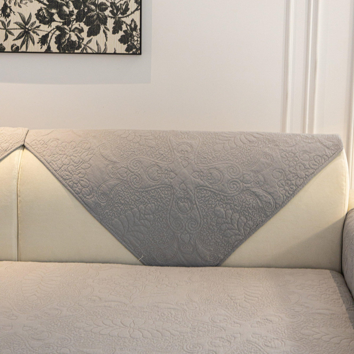 Baroque Floral Quilted Cotton Sofa Cover, Non-Slip Washable Couch Protector
